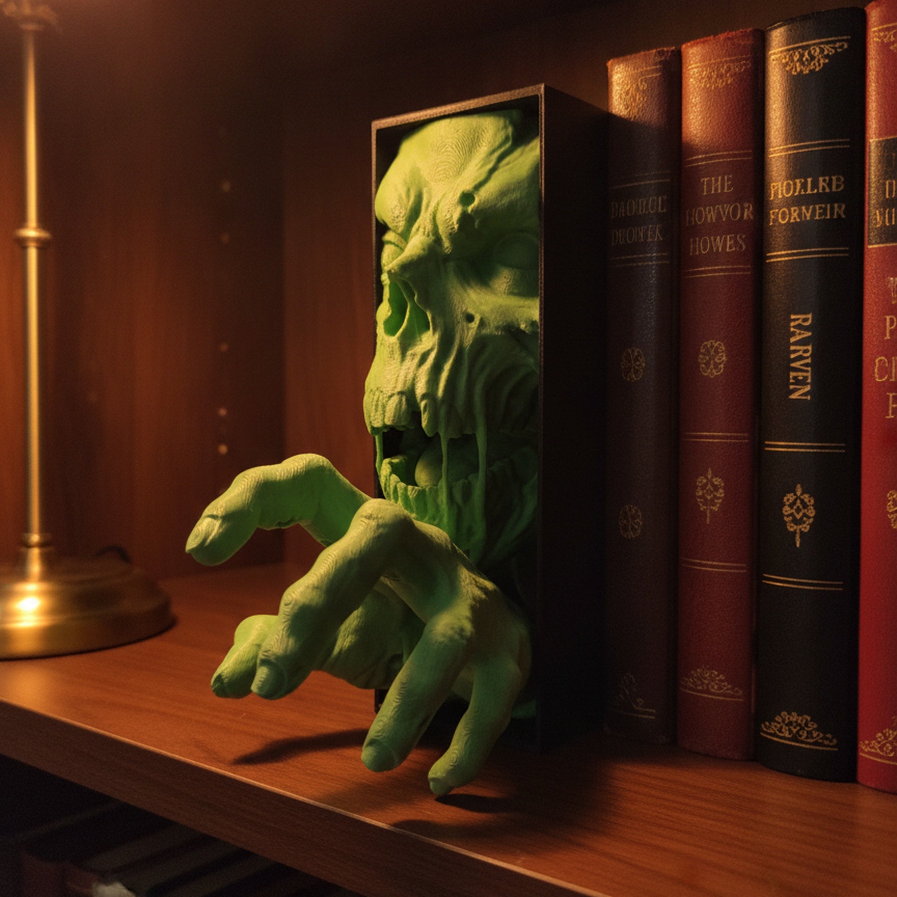Grüne Zombie-Buchstütze mit Totenkopf und greifender Hand steht zwischen Horror-Büchern in einem warm beleuchteten dunklen Bücherregal