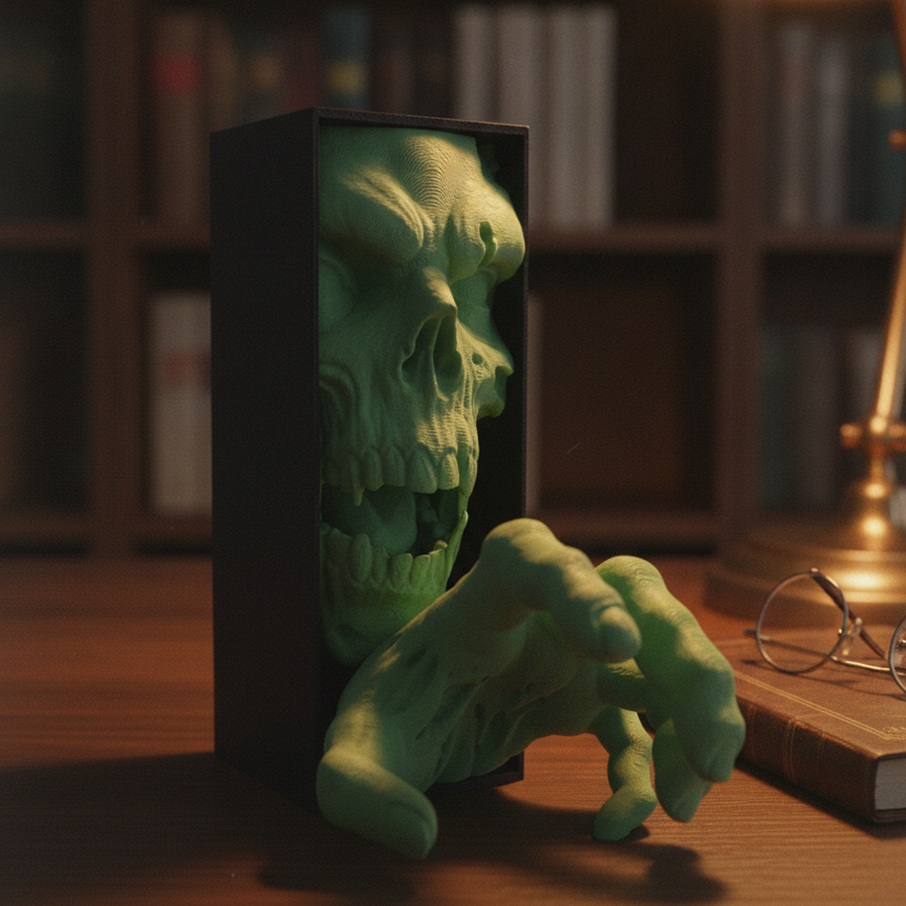 Zombie-Buchstütze in Grün auf dunklem Holzschreibtisch bei Dämmerlicht, warme Messing-Schreibtischlampe und Lederbuch im Hintergrund