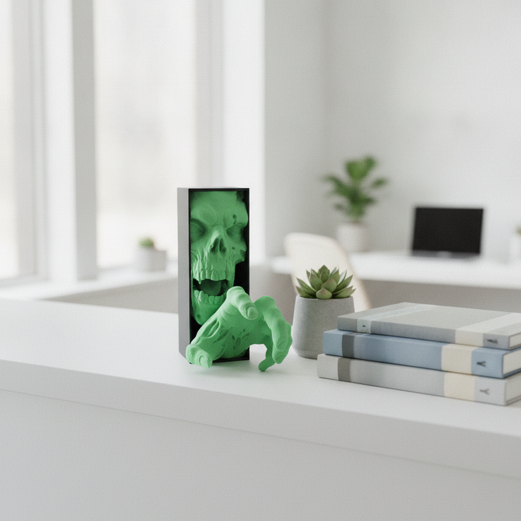 Grüne Zombie-Buchstütze mit greifender Hand auf weißem Regal in hellem, modernem Home-Office, daneben eine Sukkulente und ein Bücherstapel