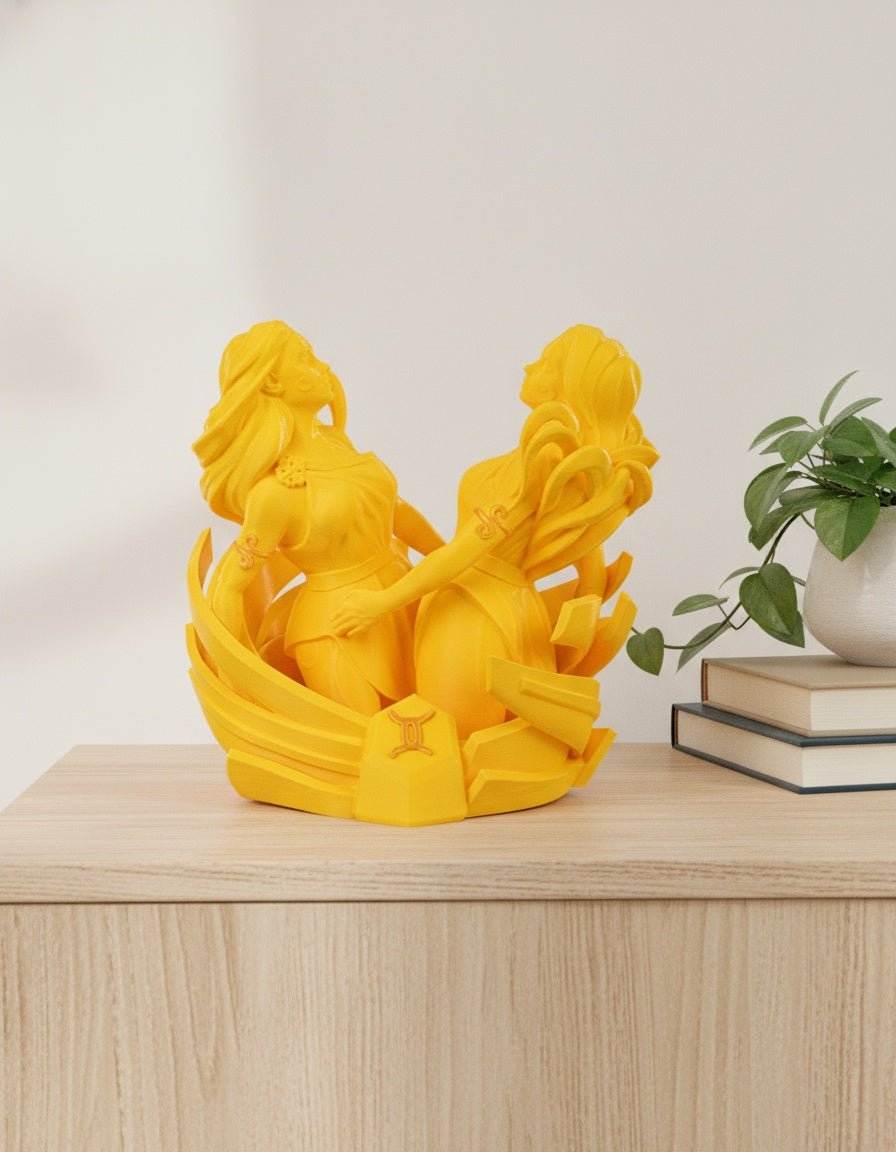 Zwillinge Sternzeichen-Deko-Figur aus 3D-Druck, matt lackiert, in stimmungsvoller Wohnraum-Szene auf Holzregal